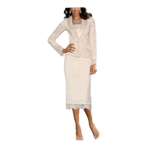 MIDNIGHT VELVET Beige Satin & Lace Formal Suit Wedding Black Tie Skirt Set - Picture 1 of 16
